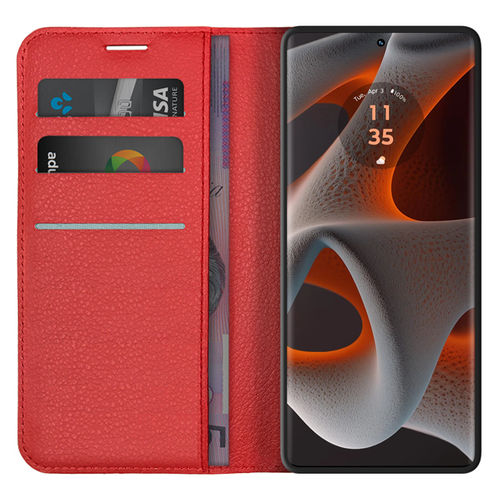 Leather Wallet Case & Card Holder Pouch for Motorola Edge 50 Pro - Red
