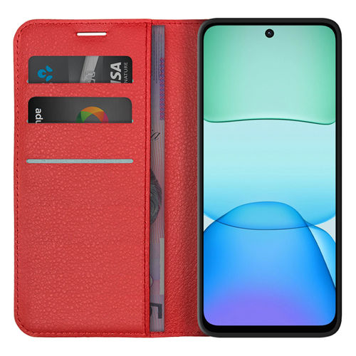 Leather Wallet Case & Card Holder Pouch for Xiaomi Redmi 13 4G - Red