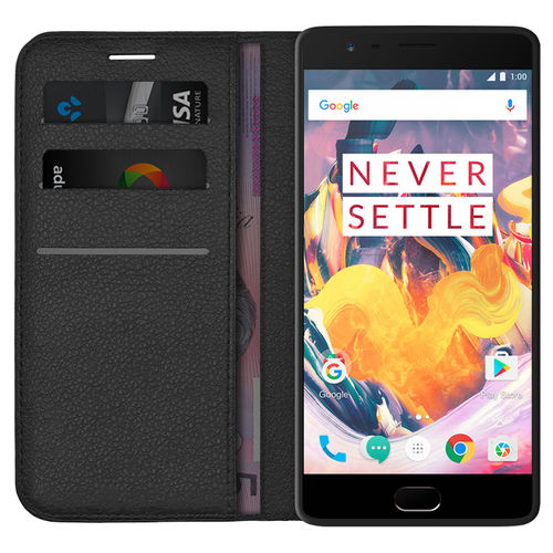 Leather Wallet Case & Card Holder Pouch for OnePlus 3 / 3T - Black
