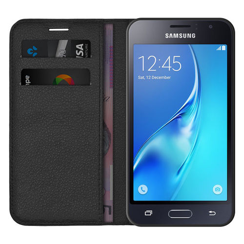 Leather Wallet Case & Card Holder Pouch for Samsung Galaxy J1 (2016) - Black