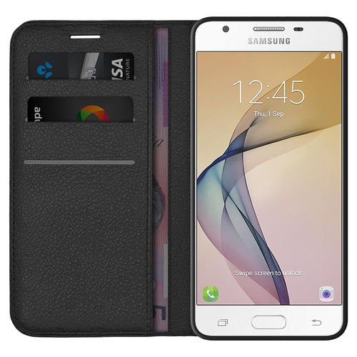 Leather Wallet Case & Card Holder Pouch for Samsung Galaxy J5 Prime - Black
